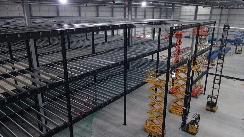 Warehouse mezzanine floor being installed